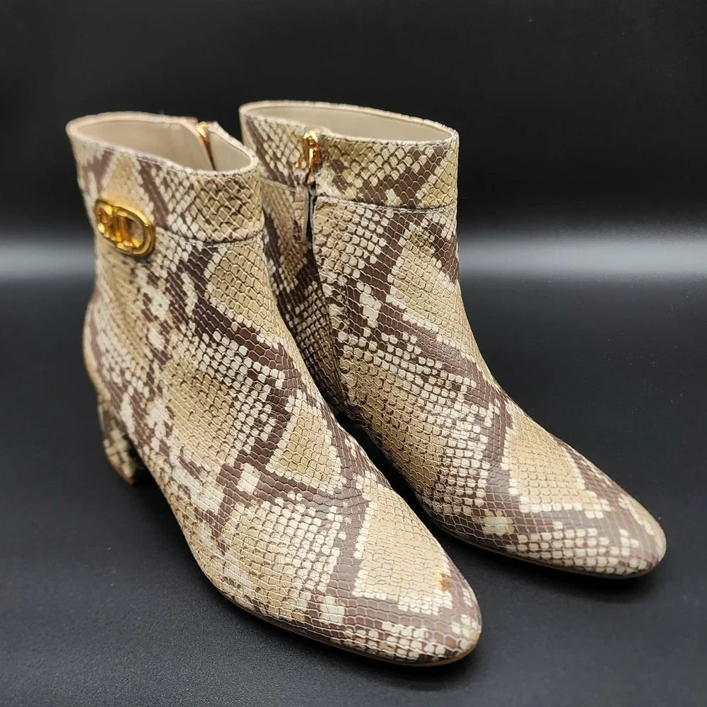 Lauren Ralph Lauren Boots Women 8B Tan Snakeskin Print LRL Logo Ankle Booties
